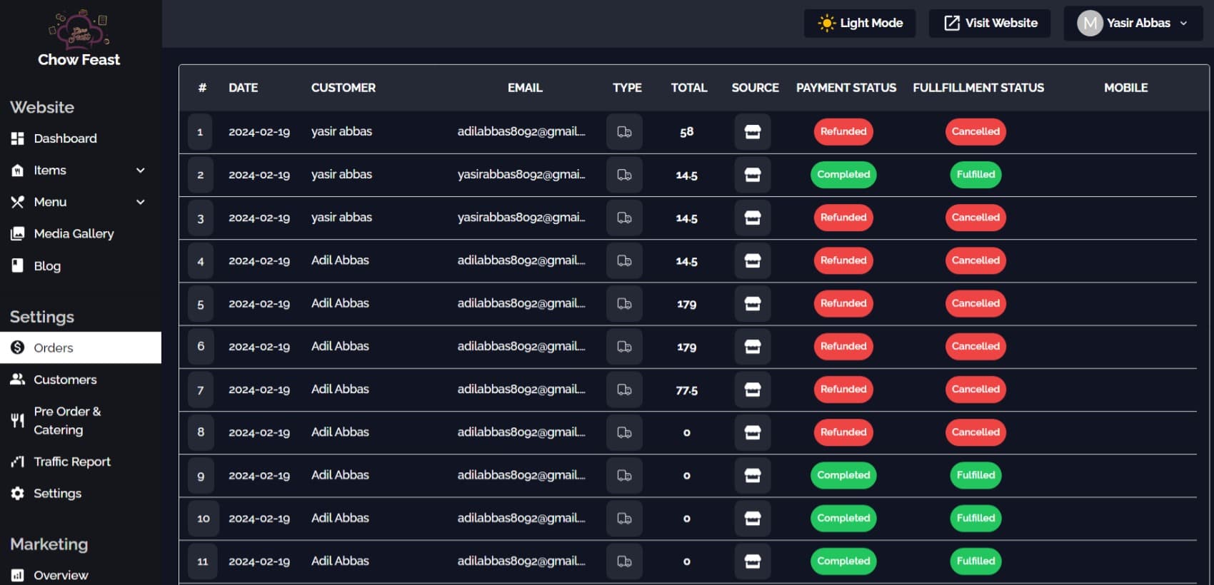 Hotel Crm Orders Module